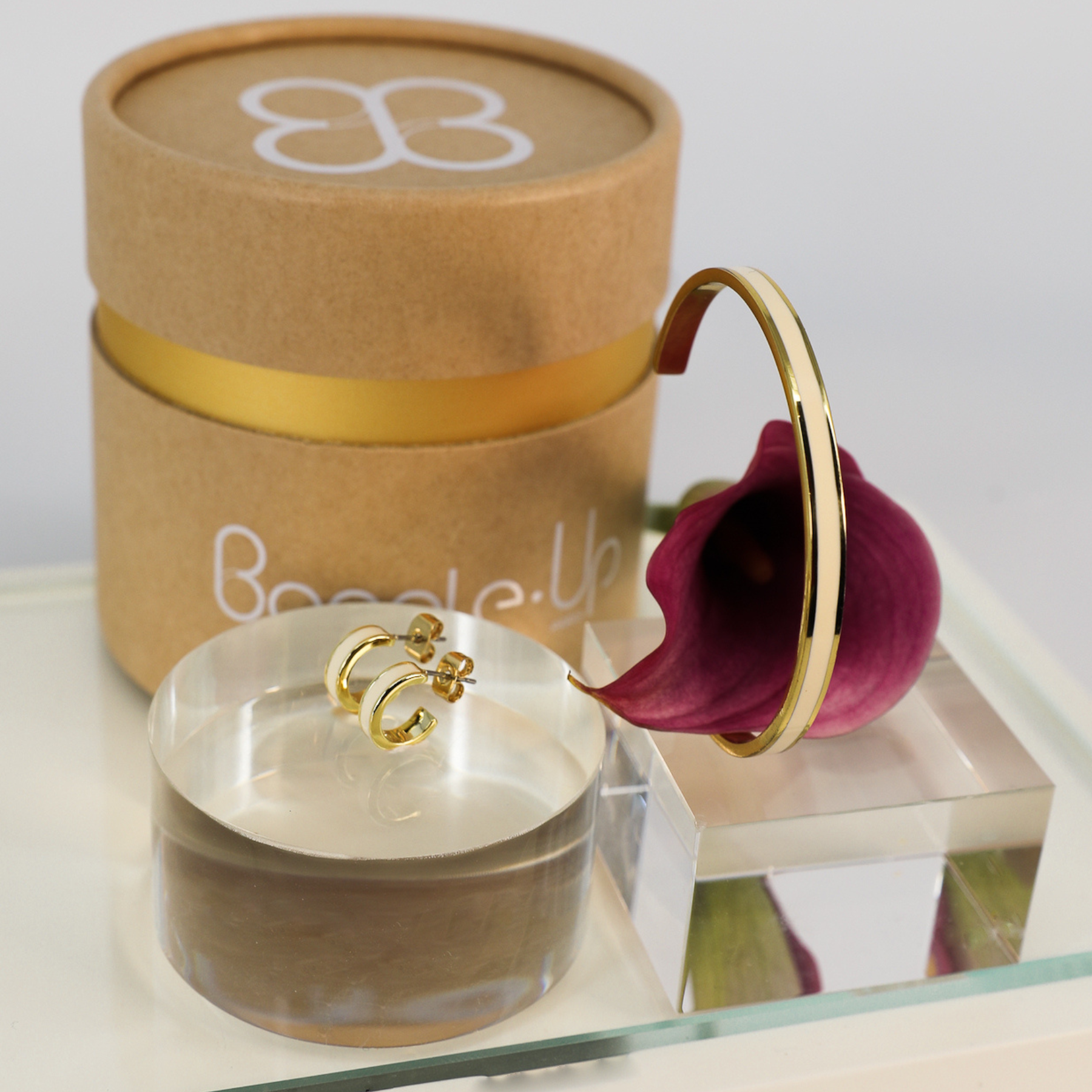 Bangle and Mini Hoop Earrings Set - Sand White