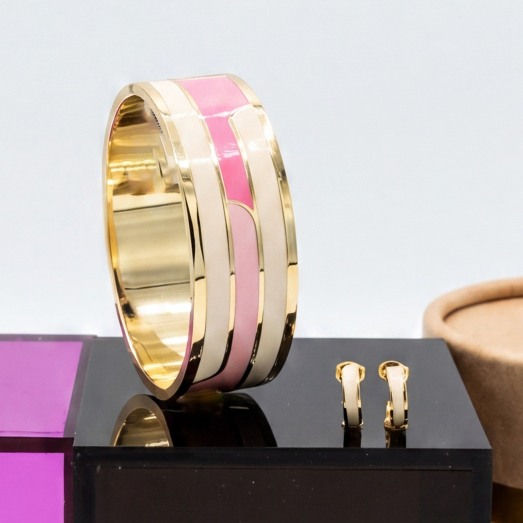 Coffret Bracelets Gaya et Mini-créoles Bangle - Rose Coton / Blanc Sable